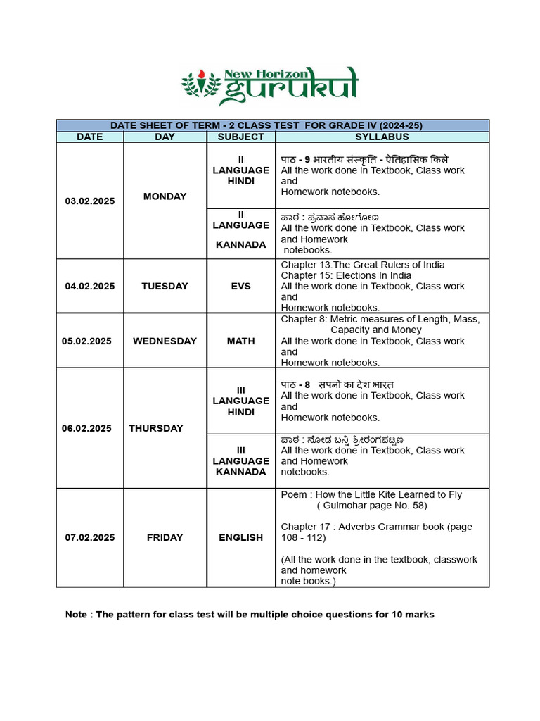 Grade 4 Class Test Term Ii Datesheet 1737352771 | PDF | Linguistics