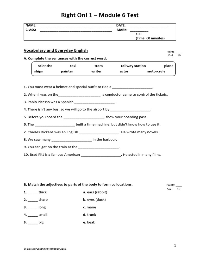 Right On! 1 Module 6 Test | PDF | The Little Prince