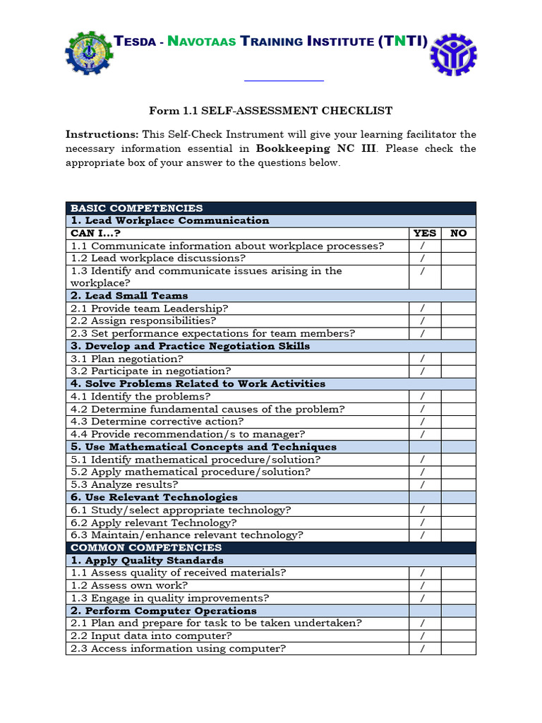 TESDA Bookkeeping NC III Self-Assessment | PDF