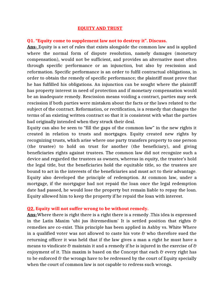 Understanding Equity and Trust Principles | PDF | Equity (Law) | Laches ...