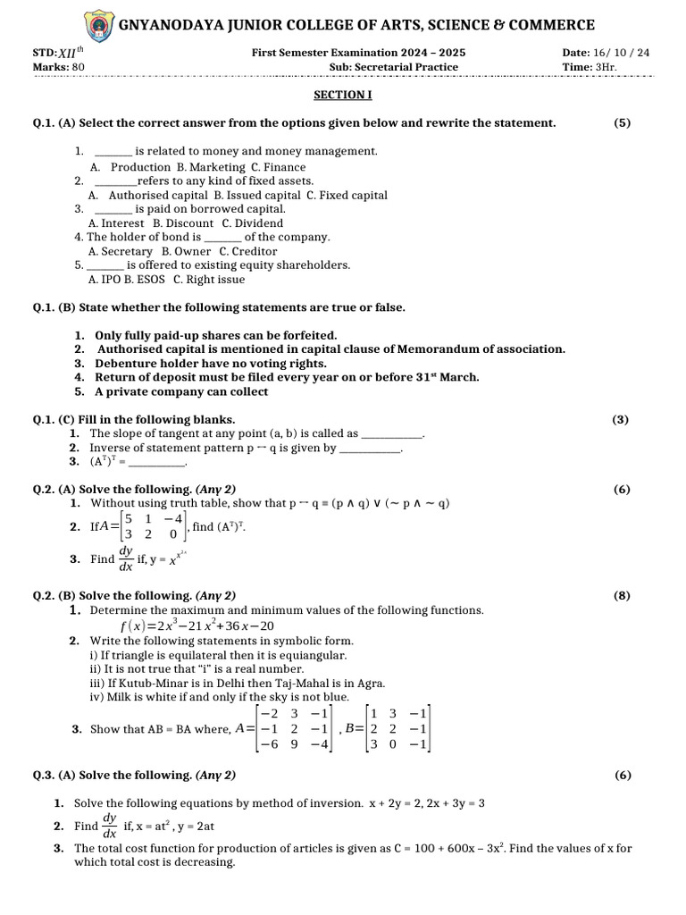 Syjc Maths Semester Paper (Set 1) | PDF