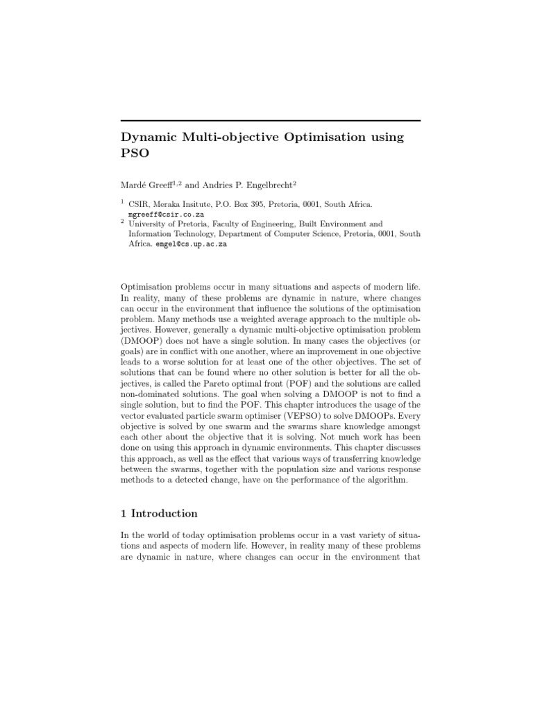 Dynamic Multi-Objective Optimisation Using PSO | PDF