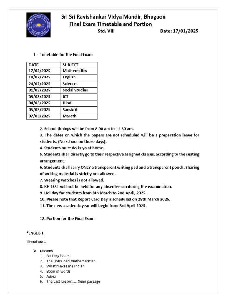 Final Exam - TT & Portion Class VIII AY 24-25 | PDF | English Language ...