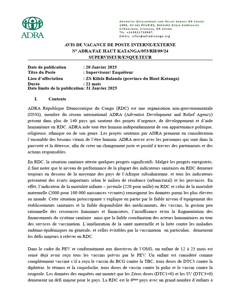 Offre d'emploi : Superviseur Enquêteur ADRA RDC | PDF | Vaccination ...