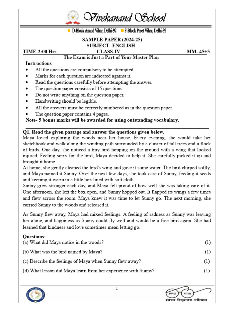 Class IV English Sample Paper 2024-25 | PDF | Linguistics | Grammar