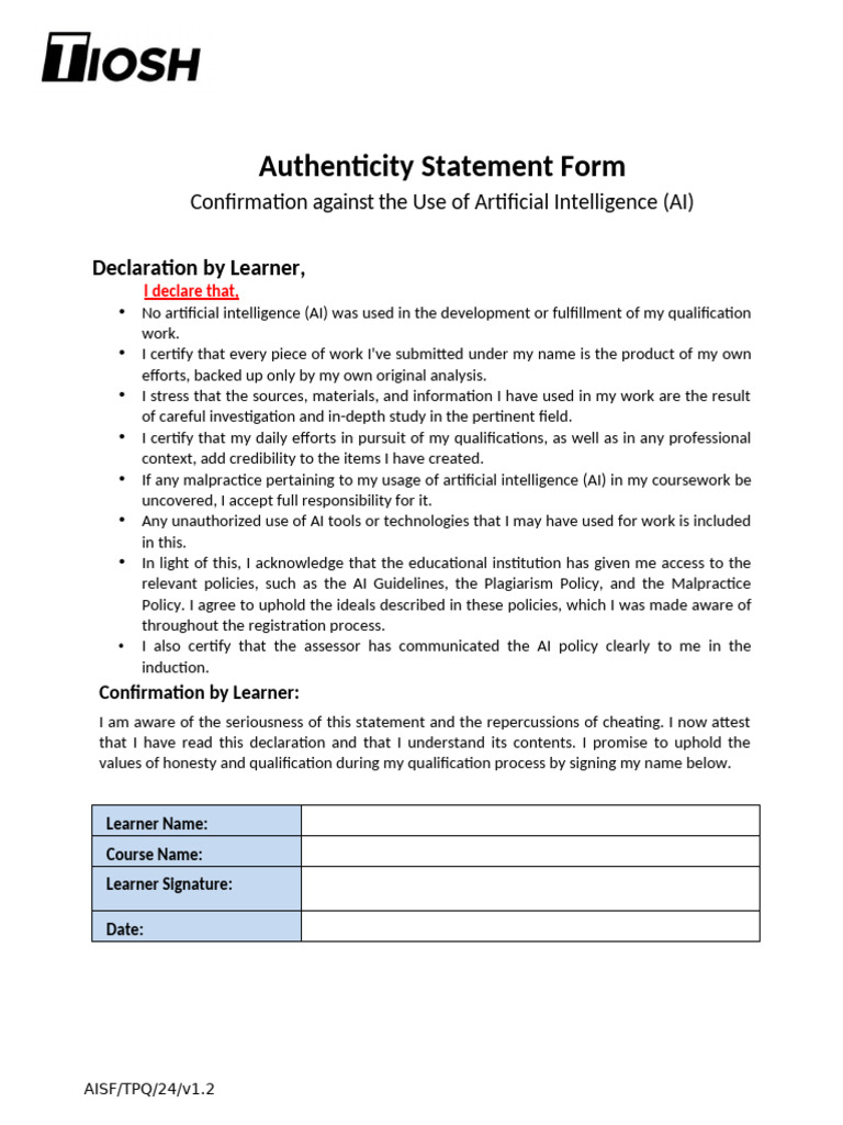 AI Use Declaration Form for Learners | PDF