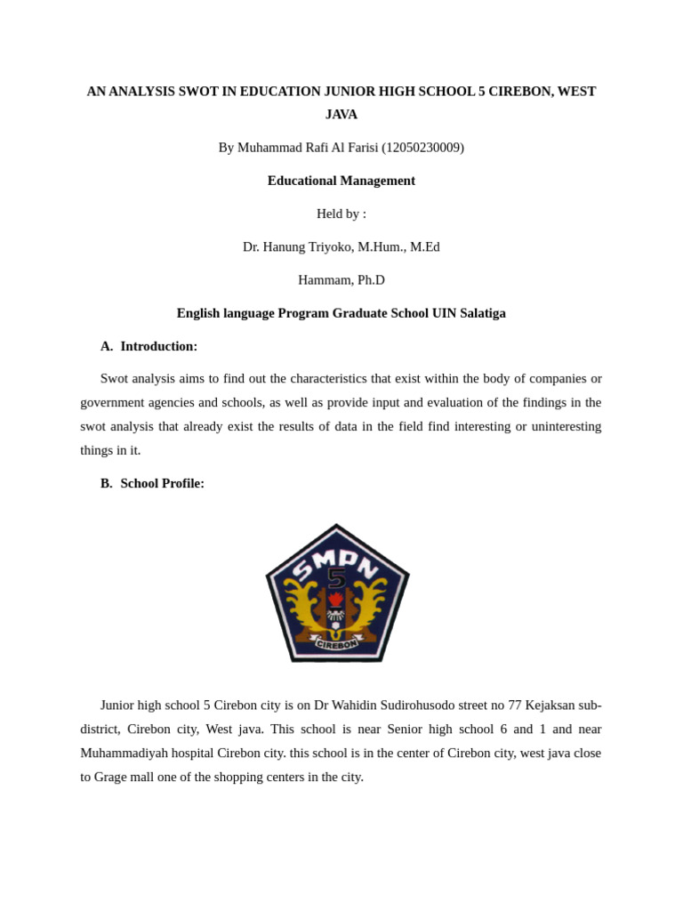 SWOT Analysis of Junior High School 5 Cirebon | PDF | Schools | Teachers