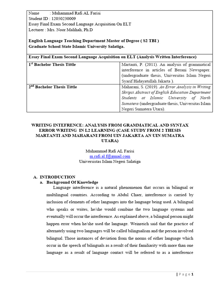 Grammatical Interference in L2 Writing | PDF | Word | Multilingualism