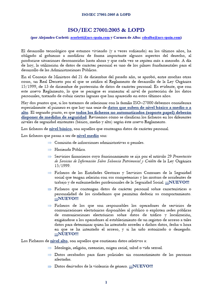 ISO/IEC 27001 y LOPD: Seguridad de Datos | PDF | Apoyo | Archivo de ...