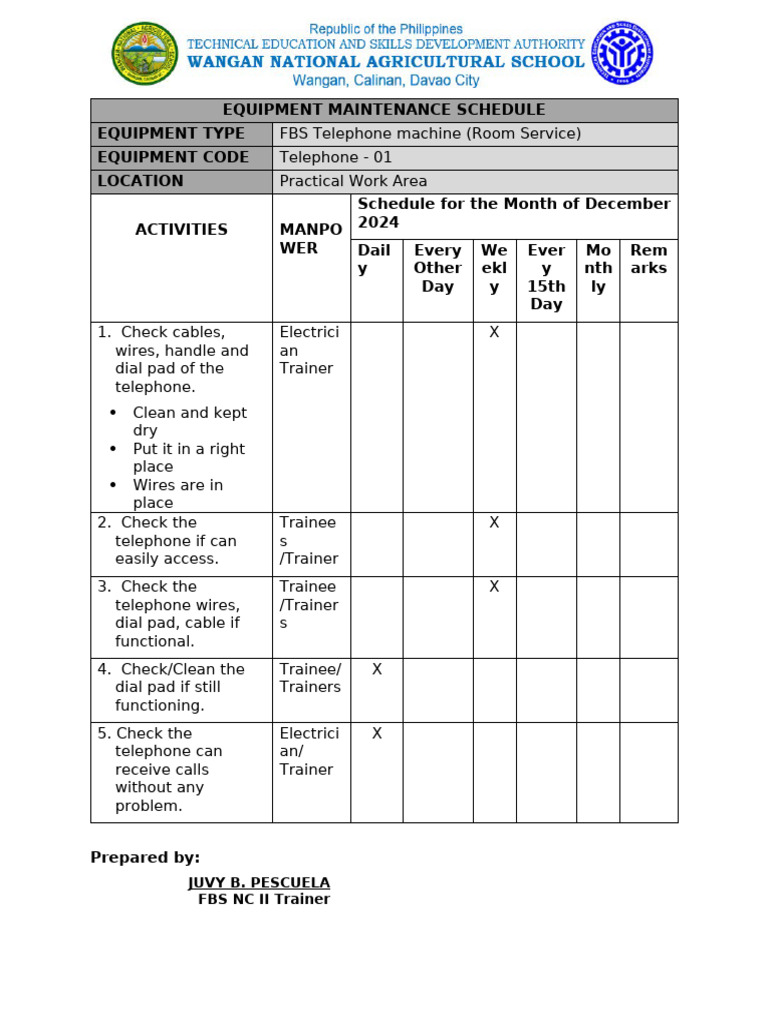 December 2024 Equipment Maintenance Schedule | PDF