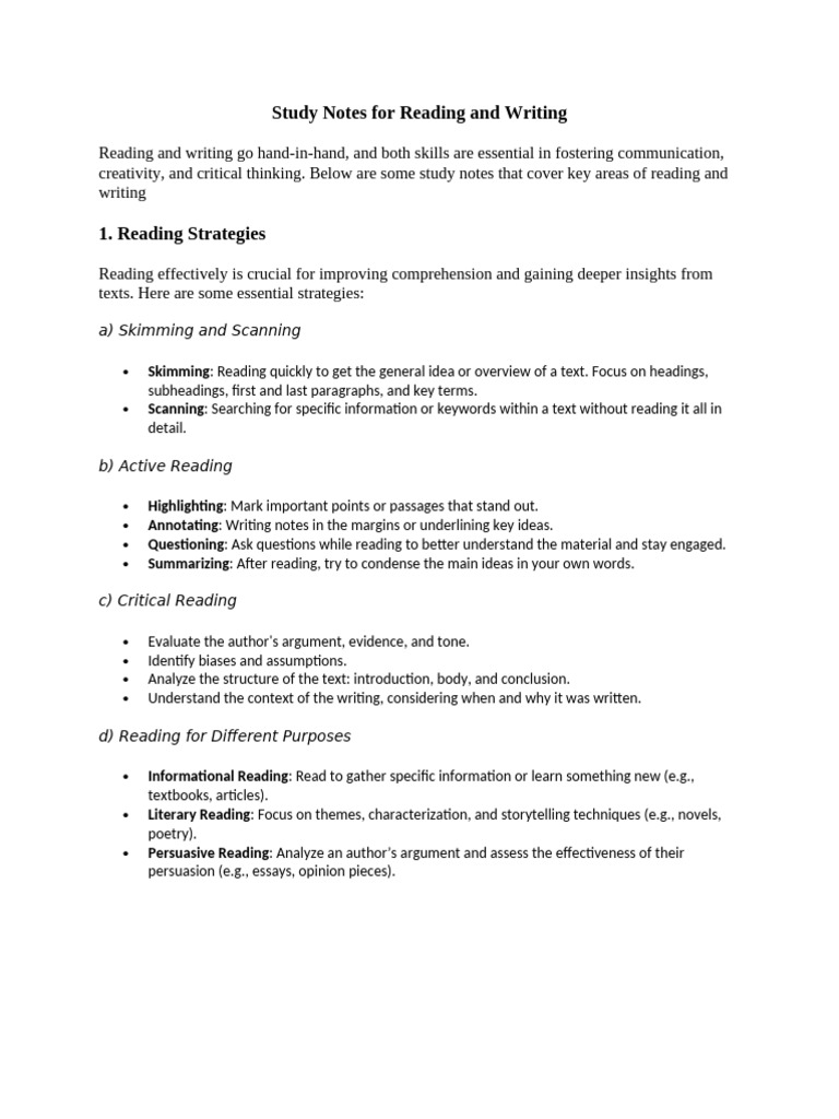 Reading and Writing Skills Overview | PDF | Proofreading | Reading ...