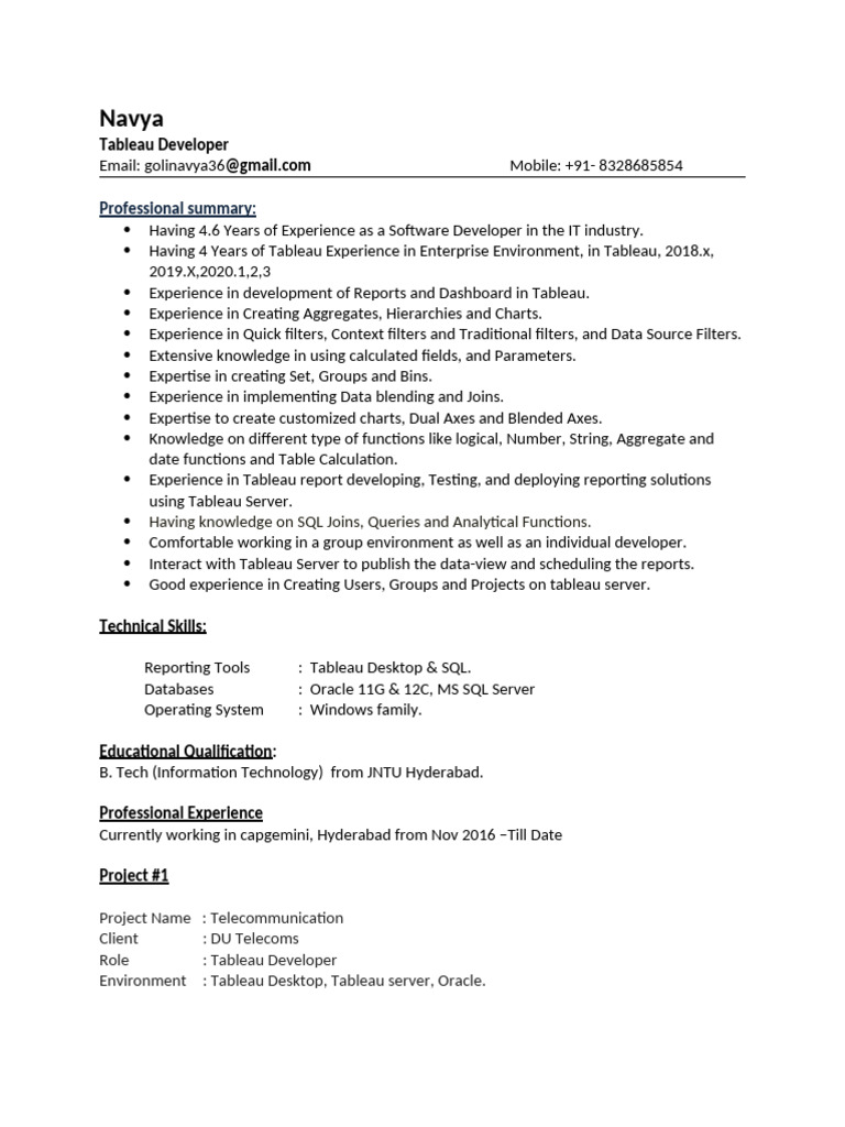 Tableau Developer Resume - Navya | PDF | Microsoft Sql Server | Databases