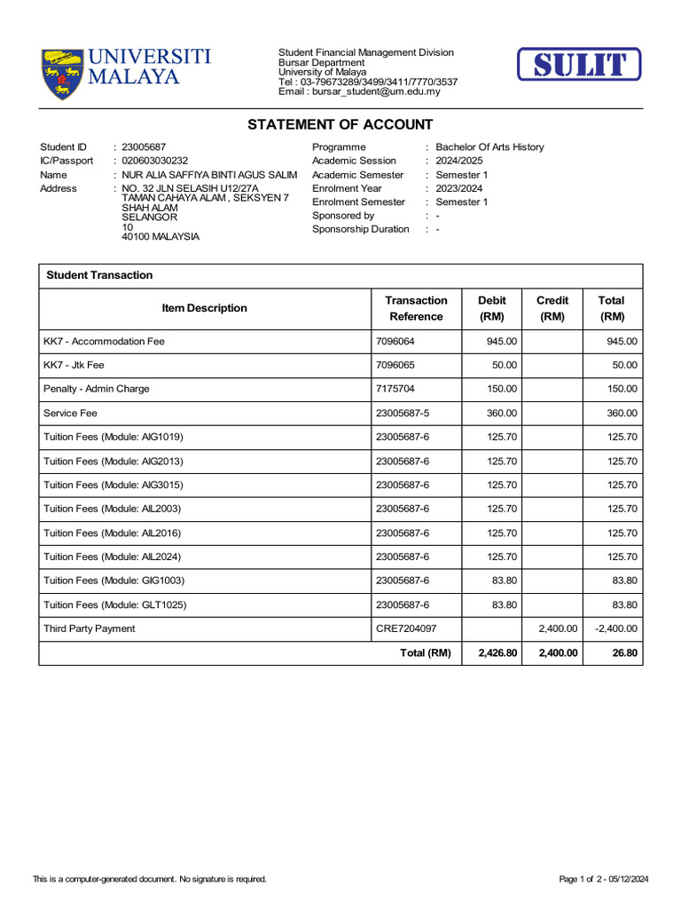 Student Account Statement - University of Malaya | PDF | Financial ...