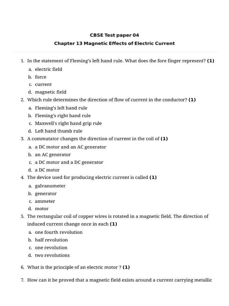 CBSE Test Paper: Magnetic Effects of Current | PDF | Electric Motor ...