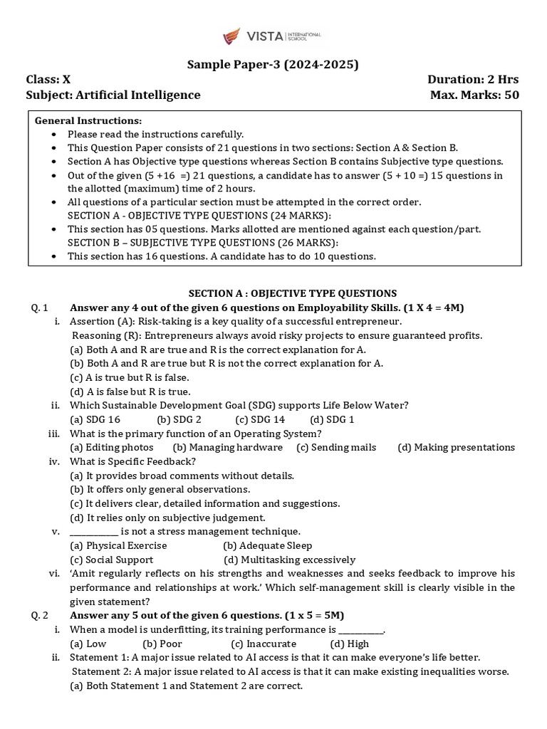 Class 10 AI Sample Paper 2025 | PDF | Analytics | Artificial Intelligence