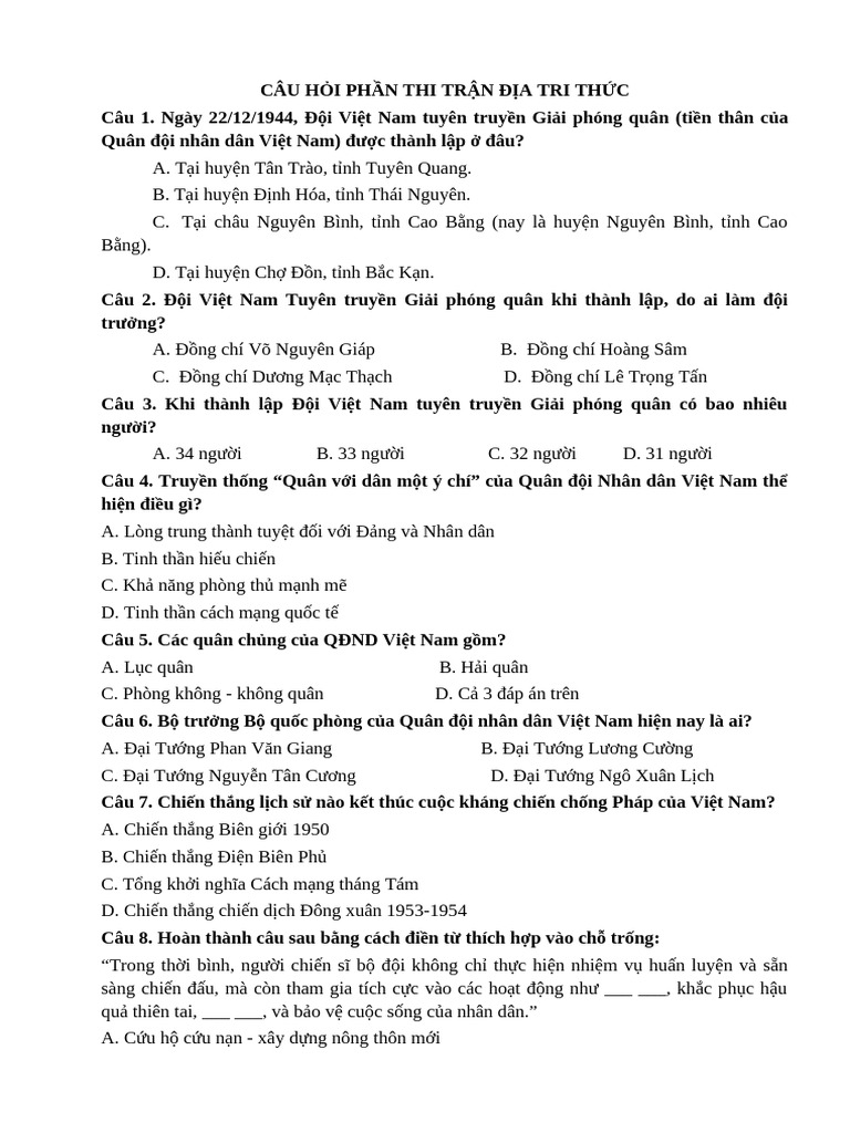 Cau Hoi Tran Dia Tri Thuc Gui | PDF