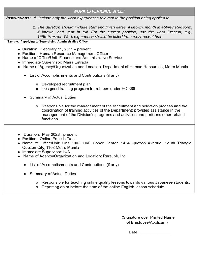Work Experience Sheet | PDF