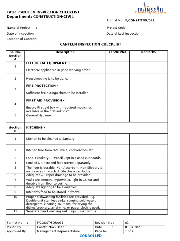 Canteen Inspection Checklist Template | PDF | Kitchen | Home