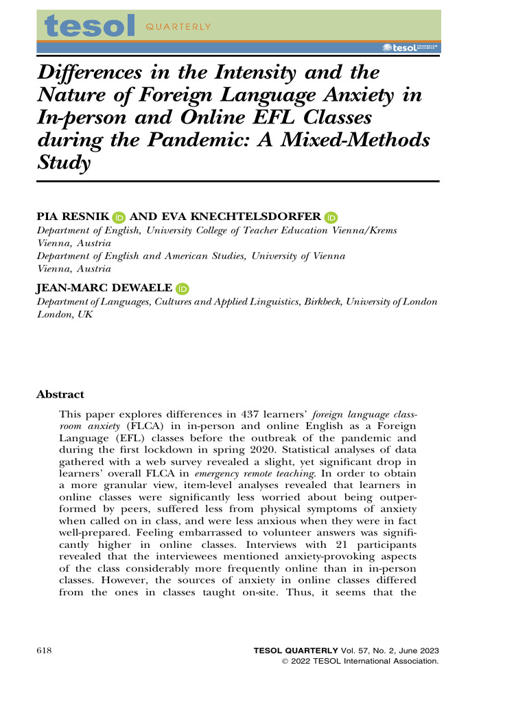 Foreign Language Anxiety in EFL Classes | PDF | English As A Second Or ...