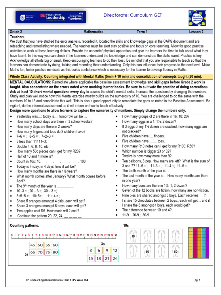 Grade 2 Maths Term 1 Lesson Plan | PDF | Mathematics | Numbers