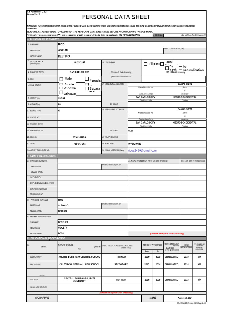 Personal Data Sheet (PDS) Guide | PDF | Identity Document | Government