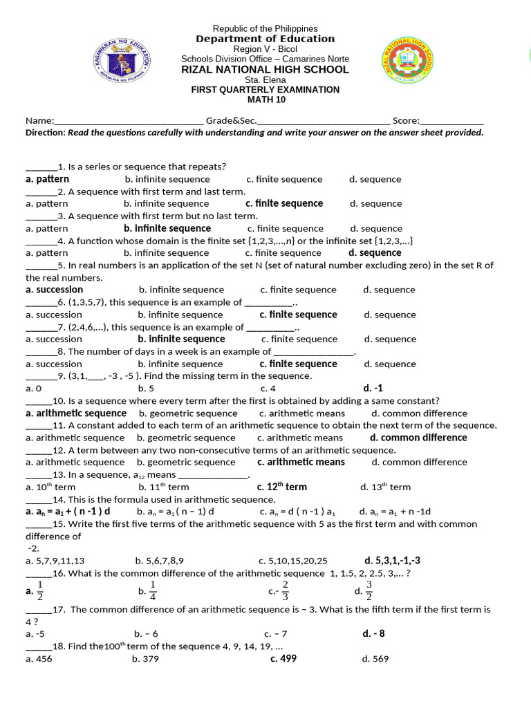 Grade10.Q1.PERIODICAL TEST 24 25 Keytocorrection | PDF | Polynomial | Mean