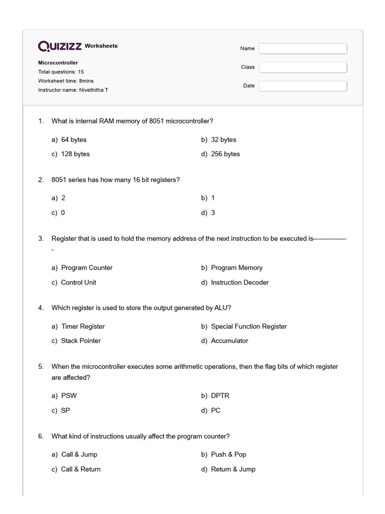 8051 Microcontroller Quiz Worksheet | PDF | Computer Data | Classes Of ...