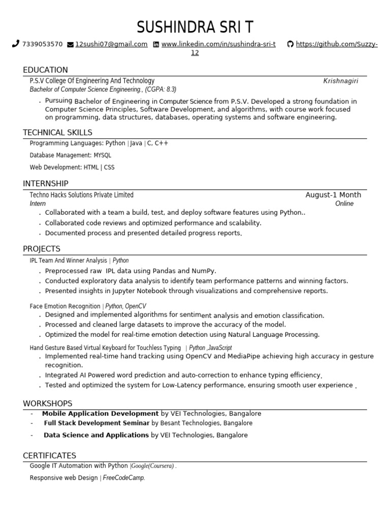 Computer Science Engineering Resume | PDF | Python (Programming ...