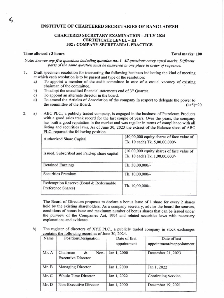 Company Secretarial Practice Exam 2024 | PDF | Equity (Finance ...