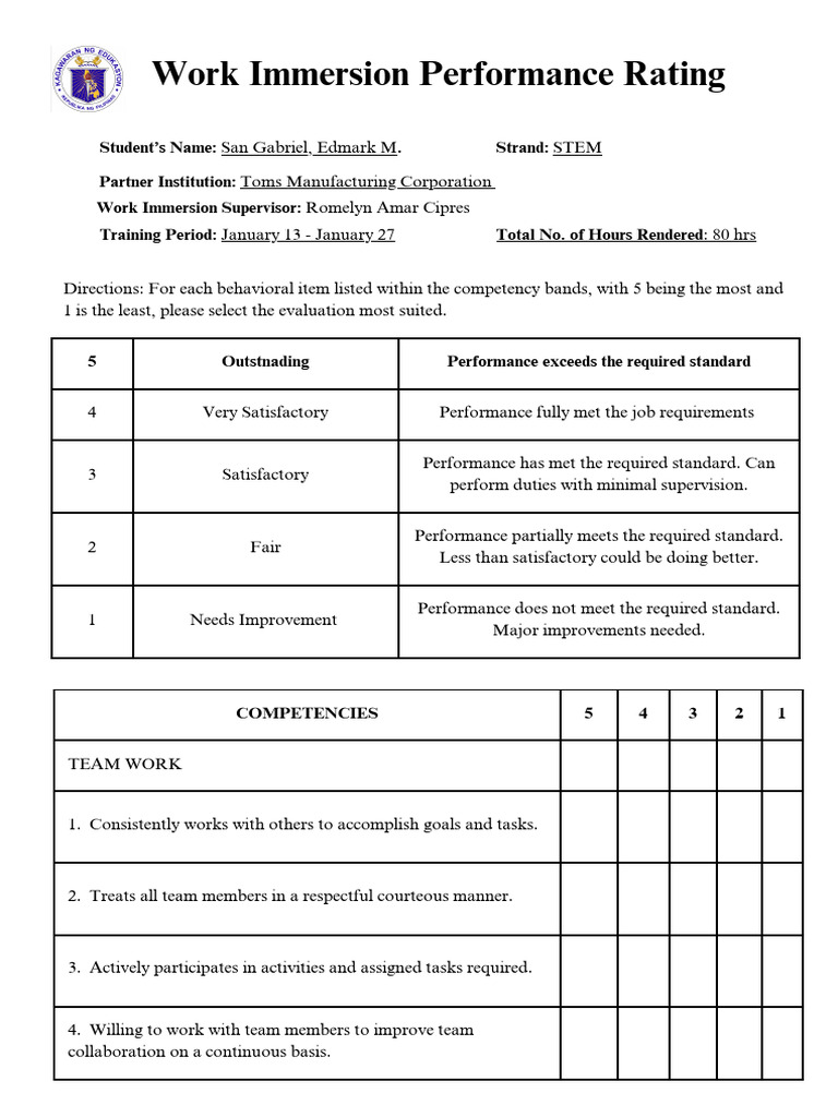 Work Immersion Performance Ratings - 20250126 - 211713 - 0000 | PDF ...