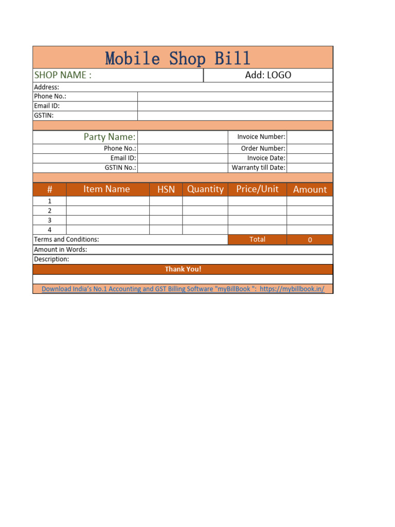 Mobile Shop Bill Format Template Pdf