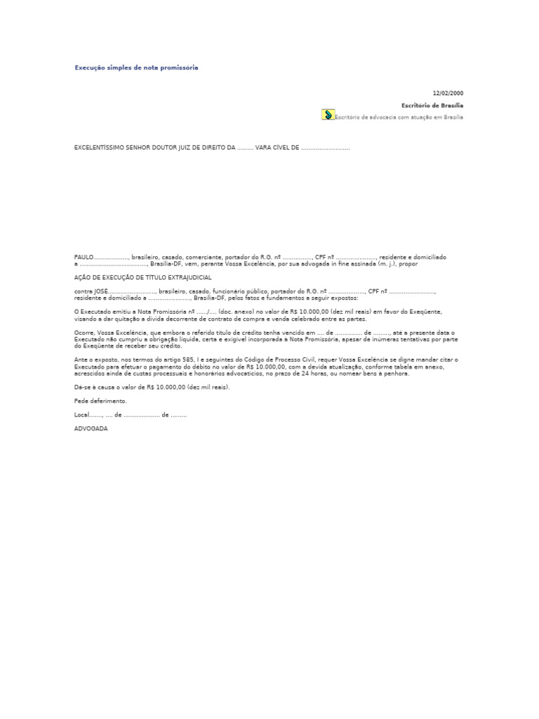 Ação de Execução de Nota Promissória | PDF