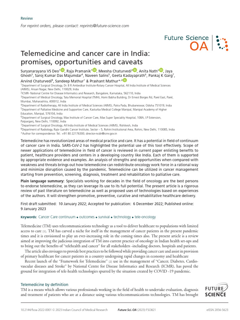 Telemedicine in Cancer Care: India Insights | PDF | Oncology | Health Care