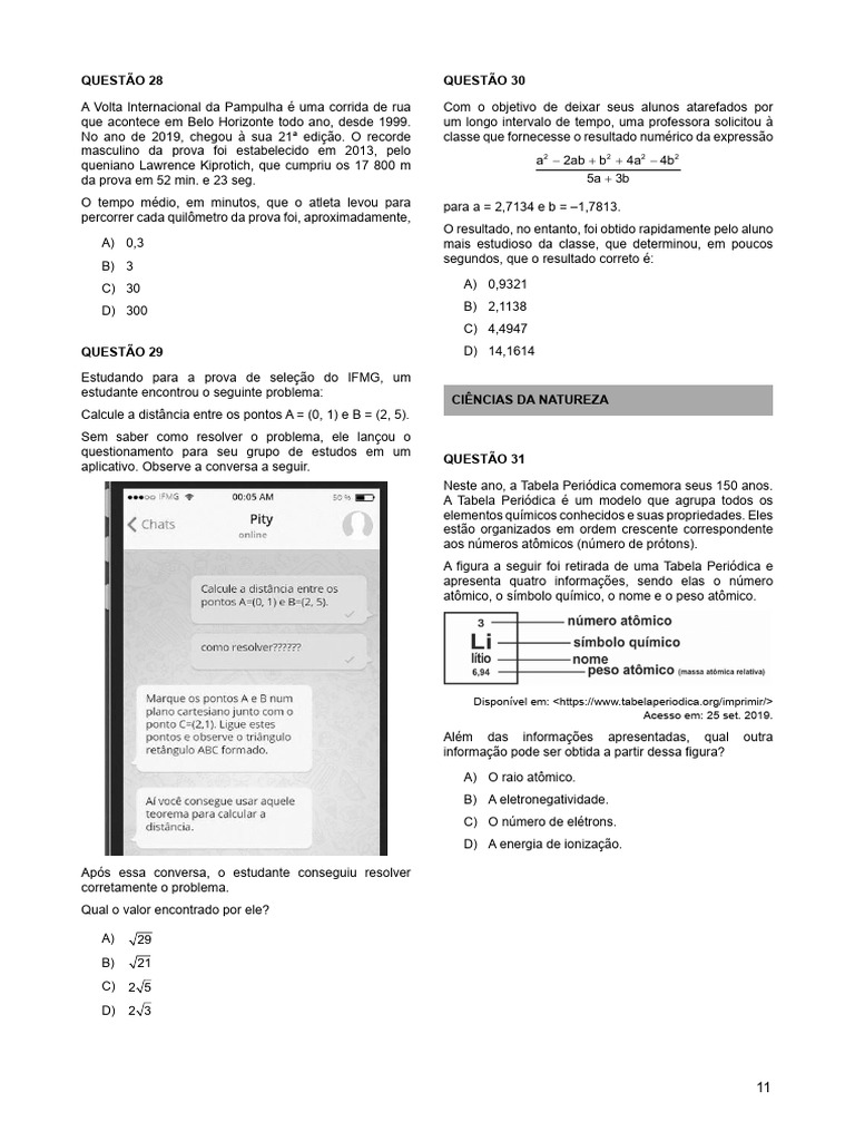 Prova IFMG 2020.1 | PDF | Célula (Biologia) | Sangue