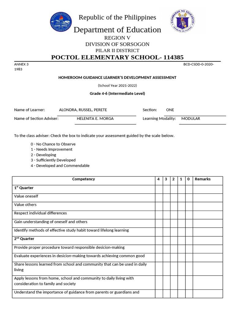 Homeroom Guidance Assessment Grades 4 6 Pdf Learning Education Theory