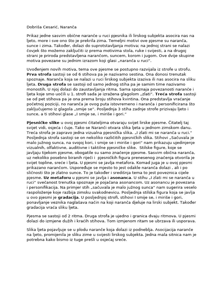 Dobriša Cesarić, Naranča - Interpretacija | PDF