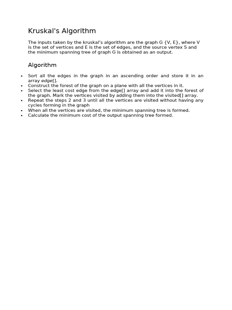 Kruskal's Algorithm for Minimum Spanning Tree | PDF