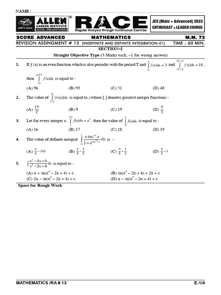 JEE Integration Revision Assignment 13 | PDF | Function (Mathematics ...