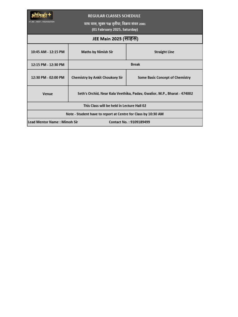 JEE Main 2025 Class Schedule | PDF