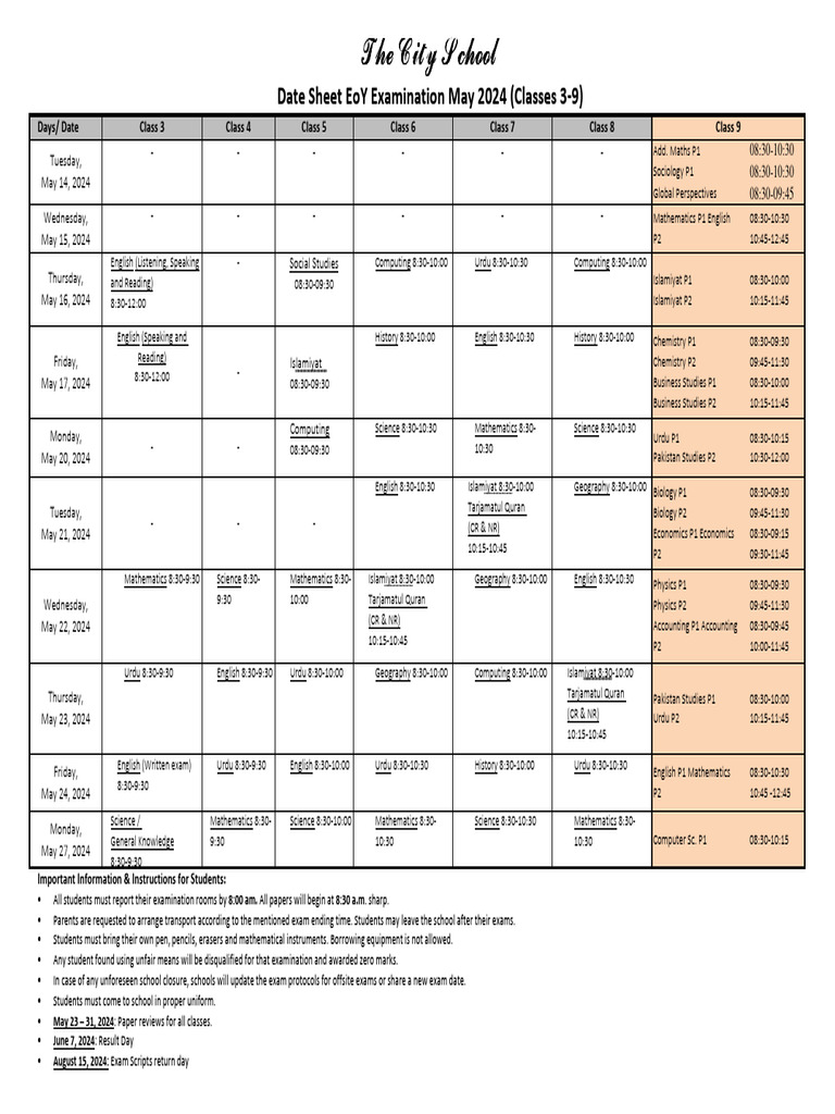 May 2024 Exam Schedule for Classes 3-9 | PDF | Science