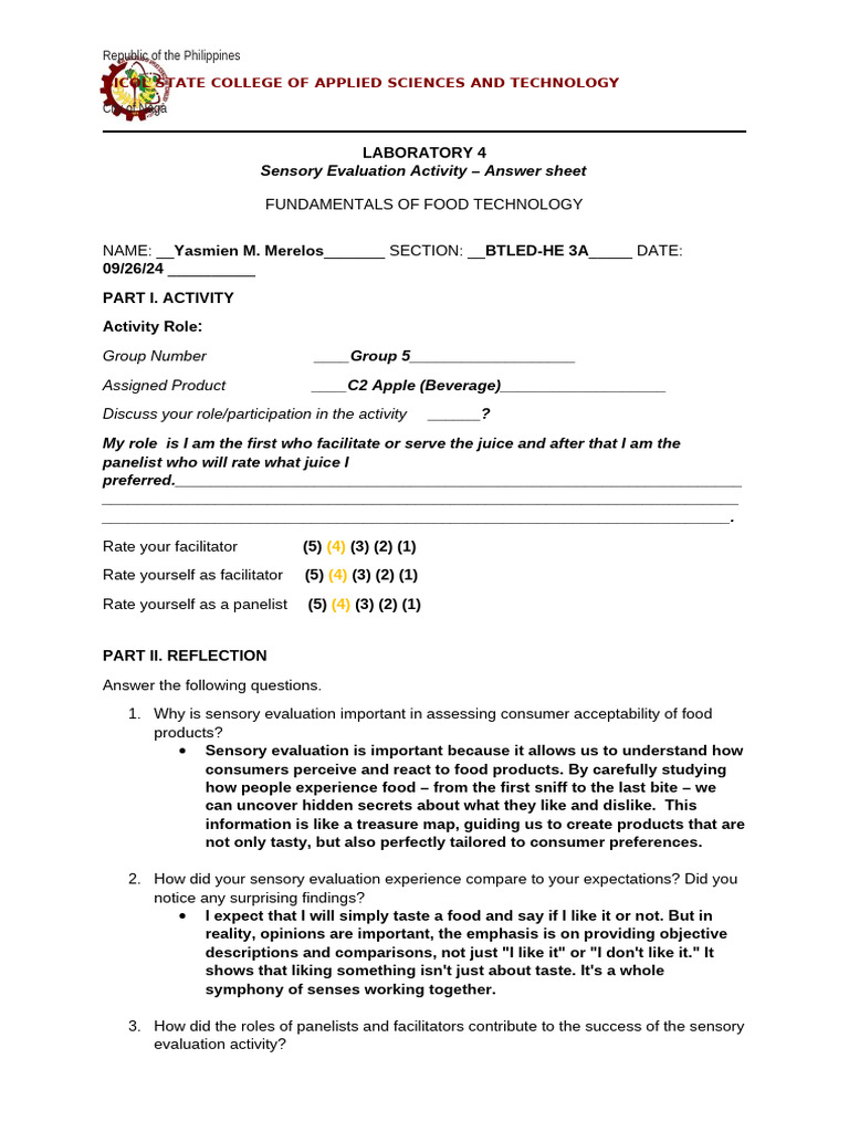 Sensory Evaluation Activity Insights | PDF | Senses | Evaluation