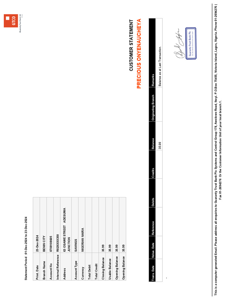 GTBank Customer Statement Summary | PDF