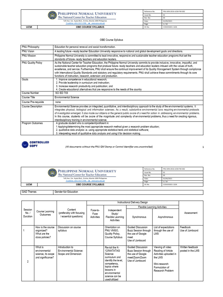OBE Course Syllabus Sci Ed 703 Term 2 SY 2024-2025 - RAAvilla | PDF ...