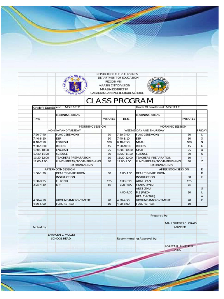 Cabadiangan Multi-Grade School Class Program | PDF | Philippines