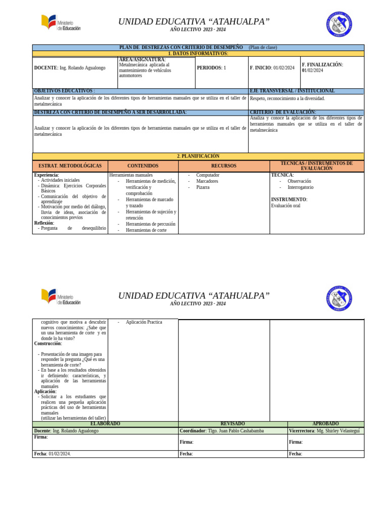 Plan de Clase | PDF | Herramientas | Aprendizaje