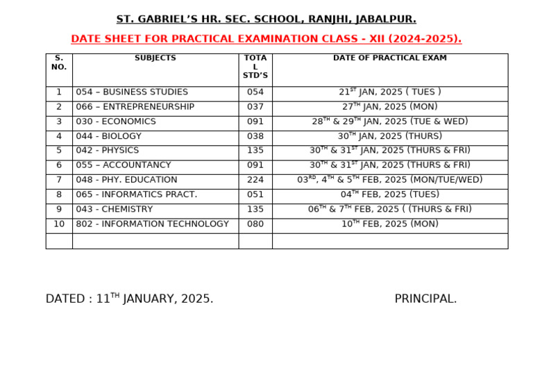 Date Sheet For Practical Exam 2024. | PDF