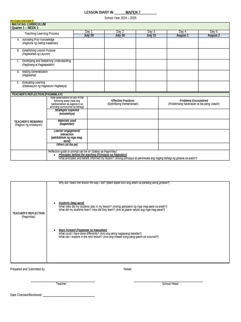 MATATAG Lesson Diary - Gr47 | PDF