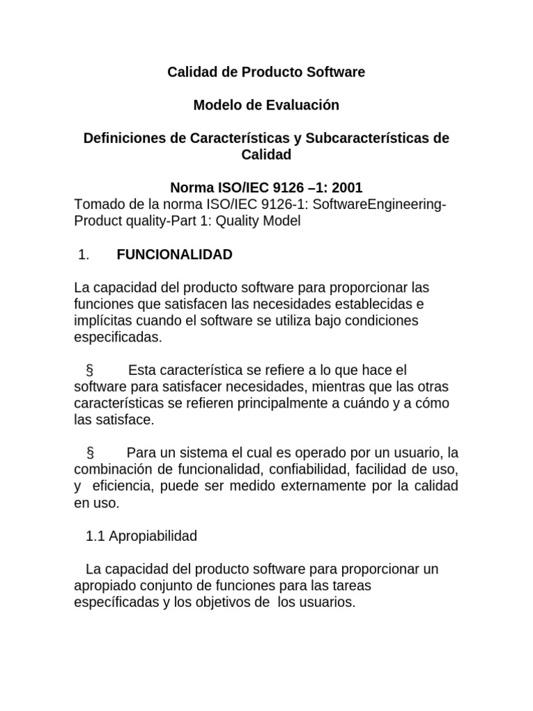 Evaluación de Calidad en Software ISO 9126 | PDF | Software ...