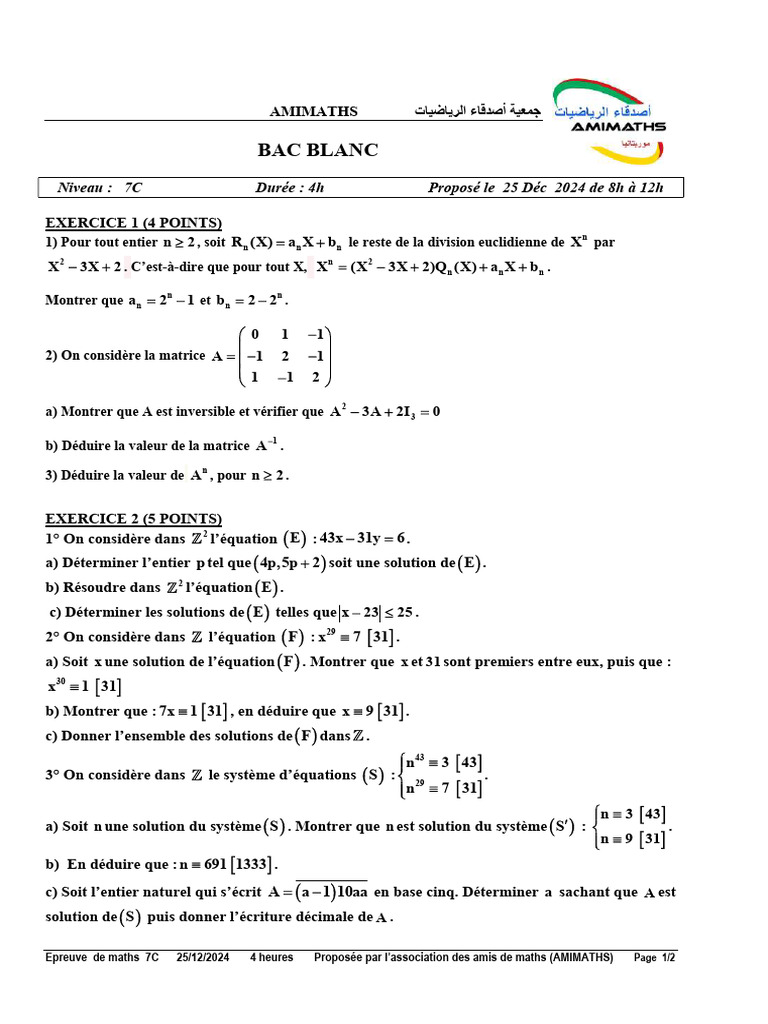 Corrigé BAC Blanc Maths 7C | PDF | Nombre complexe | Algèbre