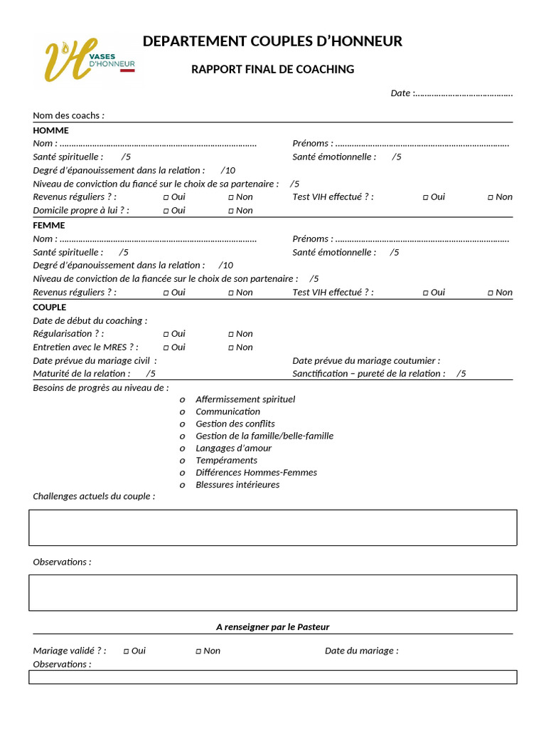 Rapport de Coaching pour Couples | PDF | Mariage | Relations intimes